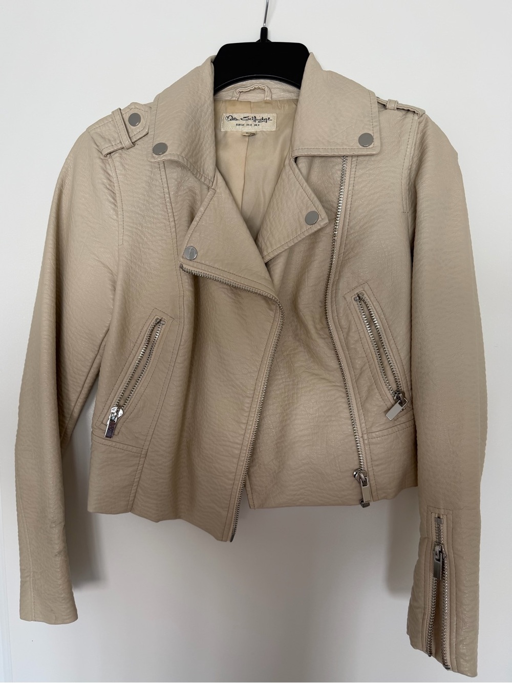 Miss Selfridge Beige Faux Leather Biker Jacket